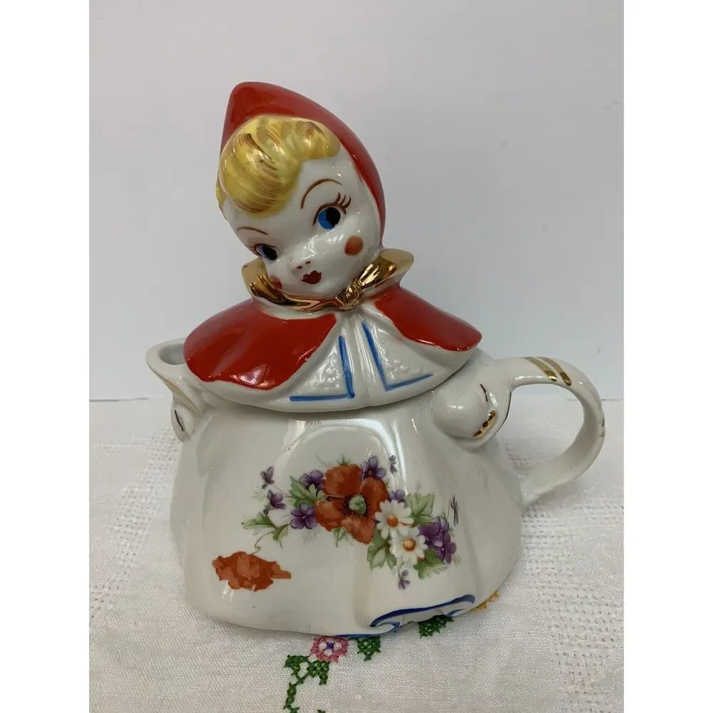 MCM Hull Little Red Riding Hood Tea Pot Set Red & White Ceramic 6 Pieces